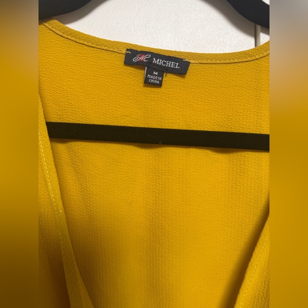 Michel Mustard Wrap-Front bottom Smocked Waist Blouse Size M - Picture 3 of 4